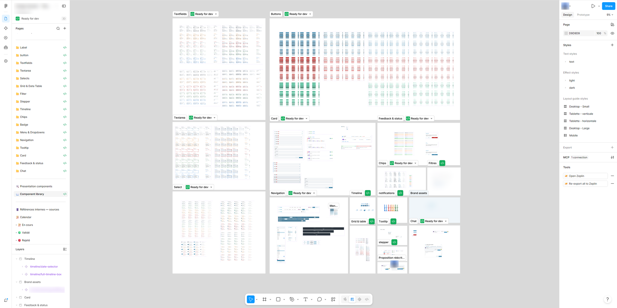 Le design system dans Figma : la liste des pages, la bibliothèque de composants par catégories, les styles et les variables