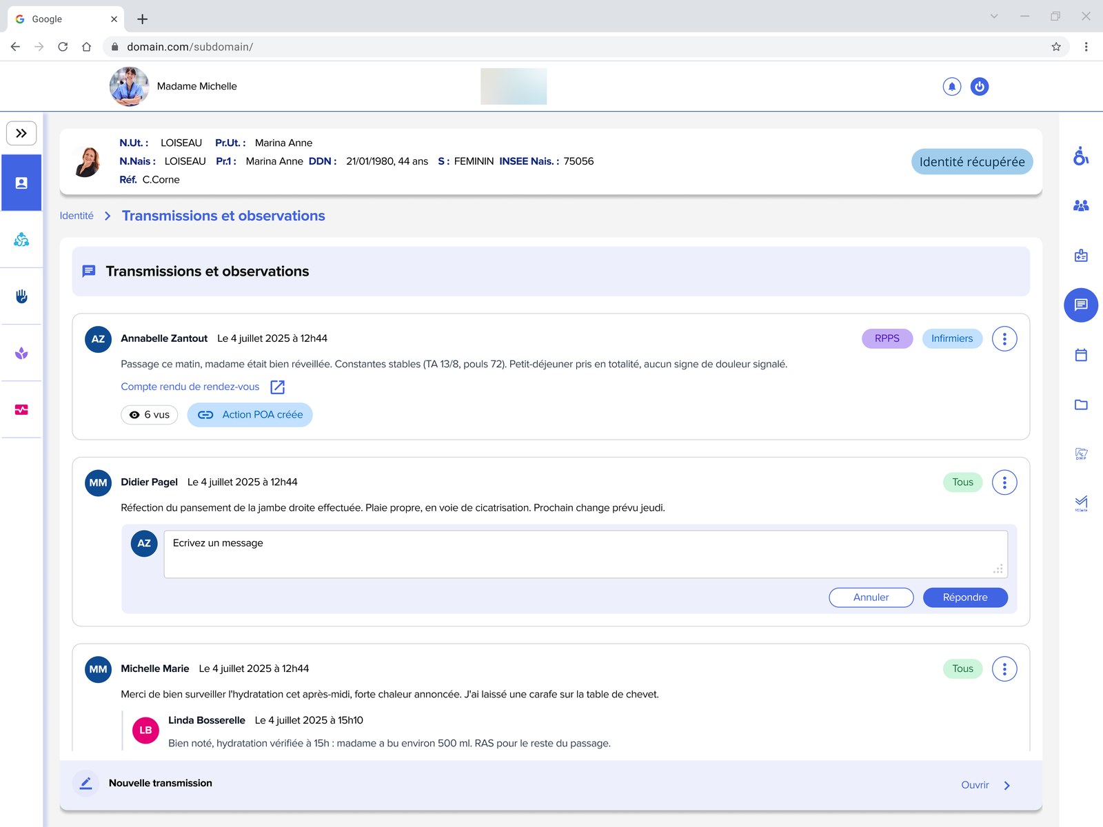 Écran Transmissions et observations : fil de messages entre professionnels, avec profils, étiquettes, réponse en ligne et lien vers une action du plan d'accompagnement