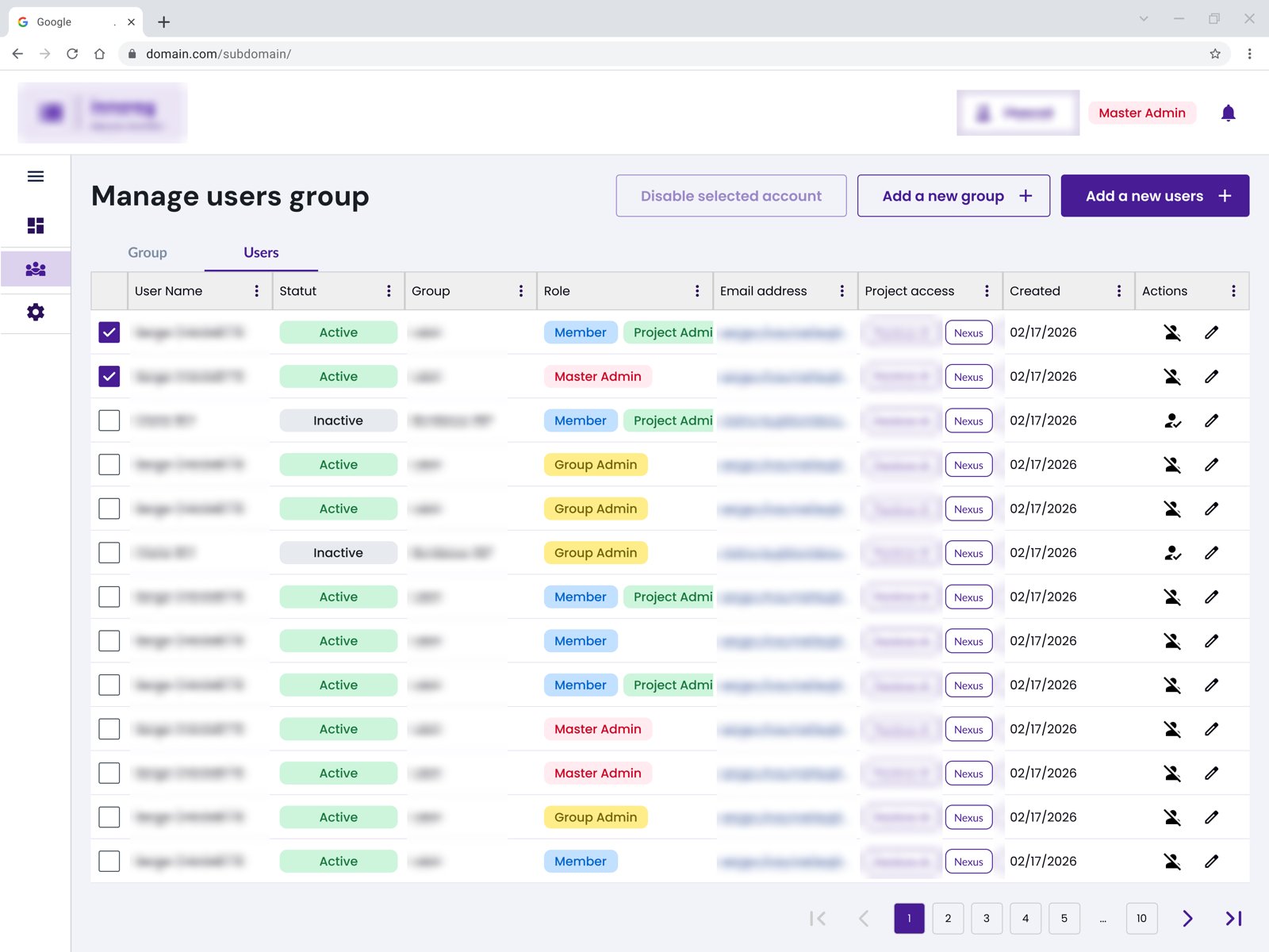 Écran de gestion des utilisateurs : un tableau avec nom, statut, groupe, rôle (membre, administrateur de projet, administrateur de groupe, administrateur principal), adresse e-mail, accès aux projets, date de création et actions, avec des onglets Groupes et Utilisateurs